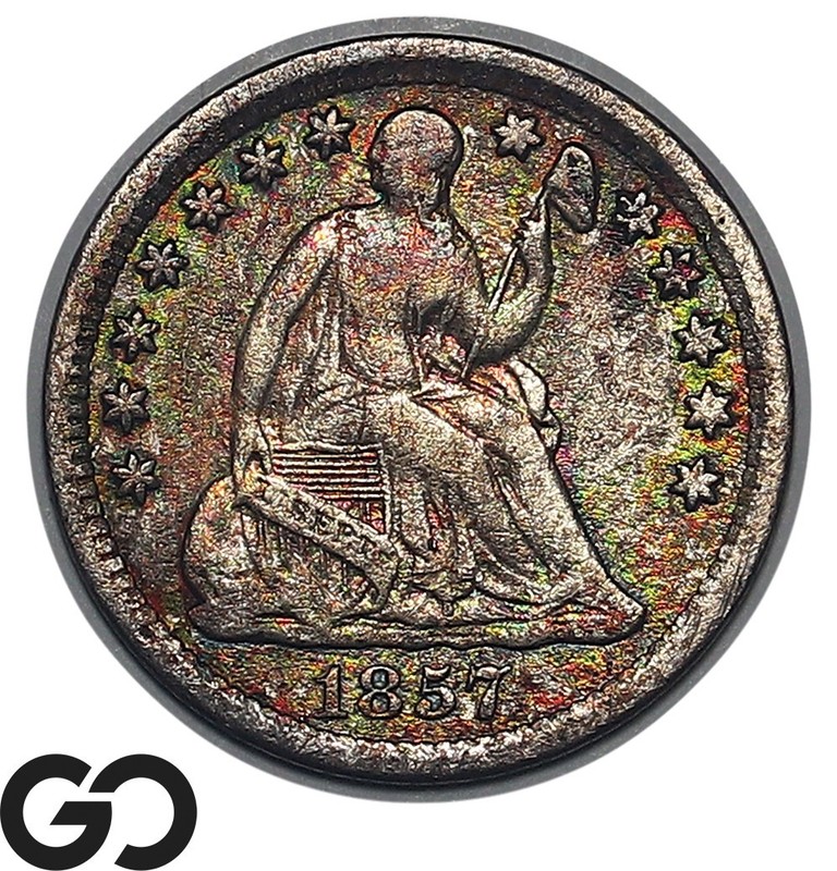 1857 Seated Liberty Half Dime, Green/Amber Toning, XF+