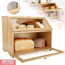 Double Layer Bamboo Wooden Bread Box Storage Container for Kitchen Countertop UK