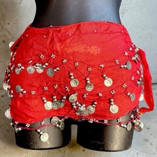 Red Belly Dance Hip Scarf Coin Belt Silver Coins Tribal Festival Costume