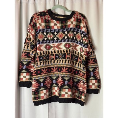 Vintage Hunters Run Geometric Fair Isle Sweater Womens Large Ramie Cotton Chunky