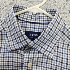 ETON Contemporary Dress Shirt Men Medium Check Long Sleeve Blue Cotton Pinhole
