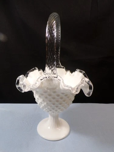 HTF Fenton White Milk Glass ROYAL HOBNAIL - Silver Crest Hobnail Footed Basket
