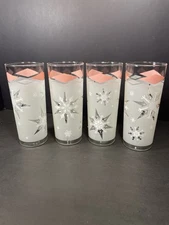 4 Anchor Hocking Frosted Atomic Snowflake Glass Tumbler Pink Tom Collins