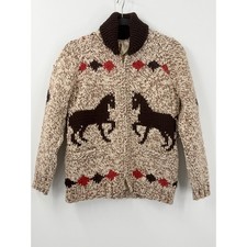 Vtg 50s Horse Cowichan Style Cardigan Wool Sweater sz M heavy western grandpa