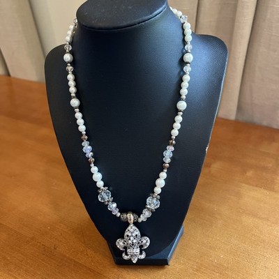 Royal Gothic Style Fleur De Lis Pendant On Beaded Costume Jeweled Bead Necklace
