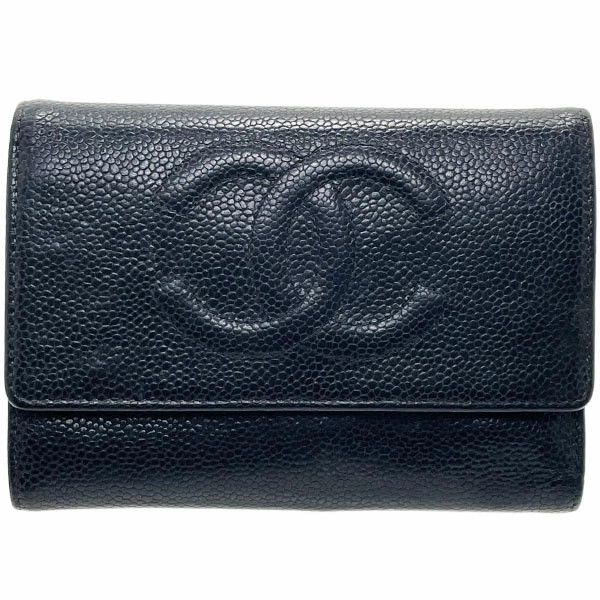 CHANEL Coco Mark Tri Fold Wallet Black Caviar Leather A13225