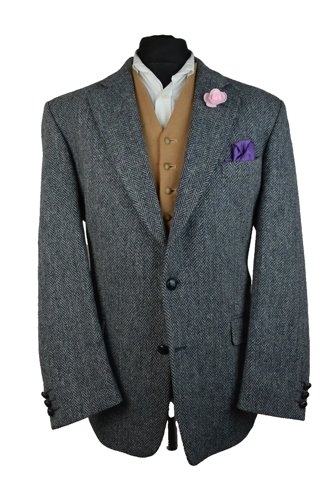 Harris Tweed Tailored Country Navy Herringbone Blazer Jacket 46R #55 IMMACULATE - Image 2 of 4