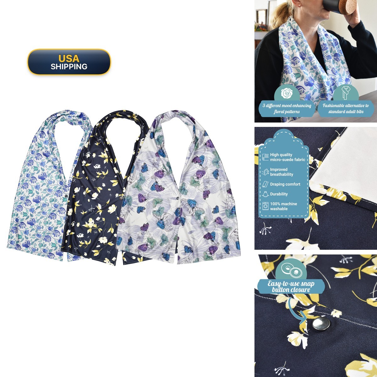 Celley 3 Pack Adult Bib Dining Scarf for Women Washable Microsuede