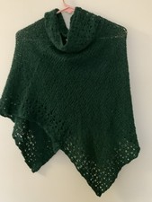 Girls Green Poncho Handmade Knit Crochet Cottagecore Cozy