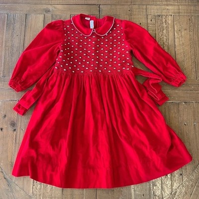Vive La Fete Sz 4T Mos Hand Smocked Red Rosebud Corduroy Holiday Dress