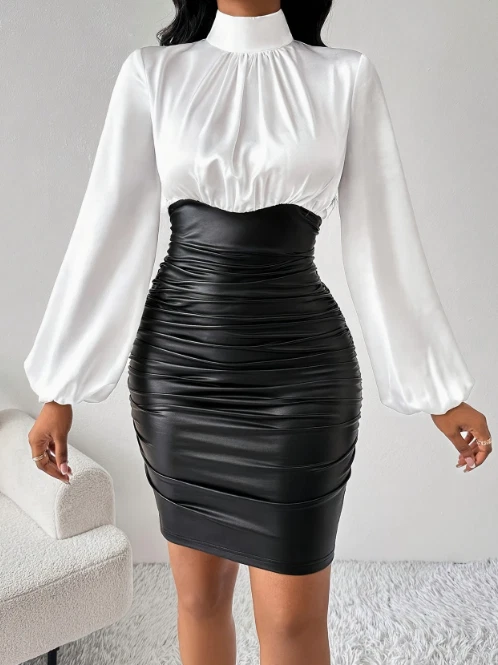 Elegantes Damen-Farbblock-Bodycon-Kleid - hoher Kragen, langarm, gerafft - Bild 3 von 4