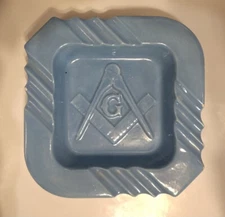 Vintage Freemason Masonic Lodge Blue Painted Ceramic Ashtray ~ Cigar Cigarette