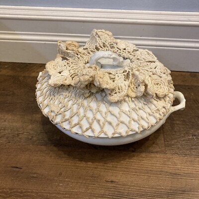 WH Grindley Antique White Ironstone Covered Pedestal Serving Dish w Lid 8” 