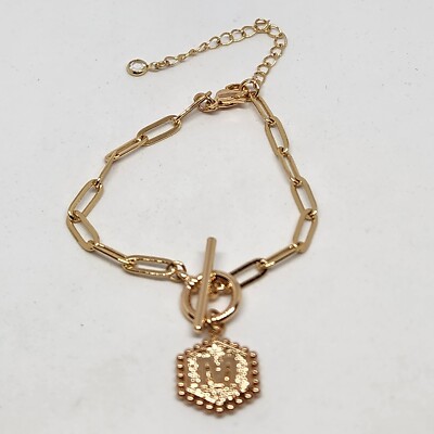Initial Bracelet M Bar Lock And Hook Clasp Rose Gold Tone Hexagon Charm