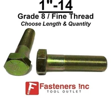 1"-14 Hex Bolt Yellow Zinc Grade 8 Cap Screw Fine Thread (Choose Length & Qty)