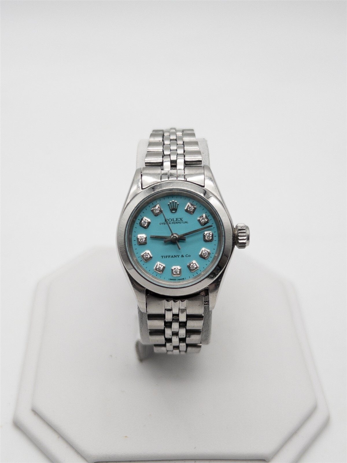 $8000 ROLEX Oyster Perpetual Tiffany & Co Blue Diamond SS Ladies Watch SERVICED
