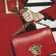 Versace Print Ad, Woman in Red Formal Dress Big Belt Buckle Red Leather Purse