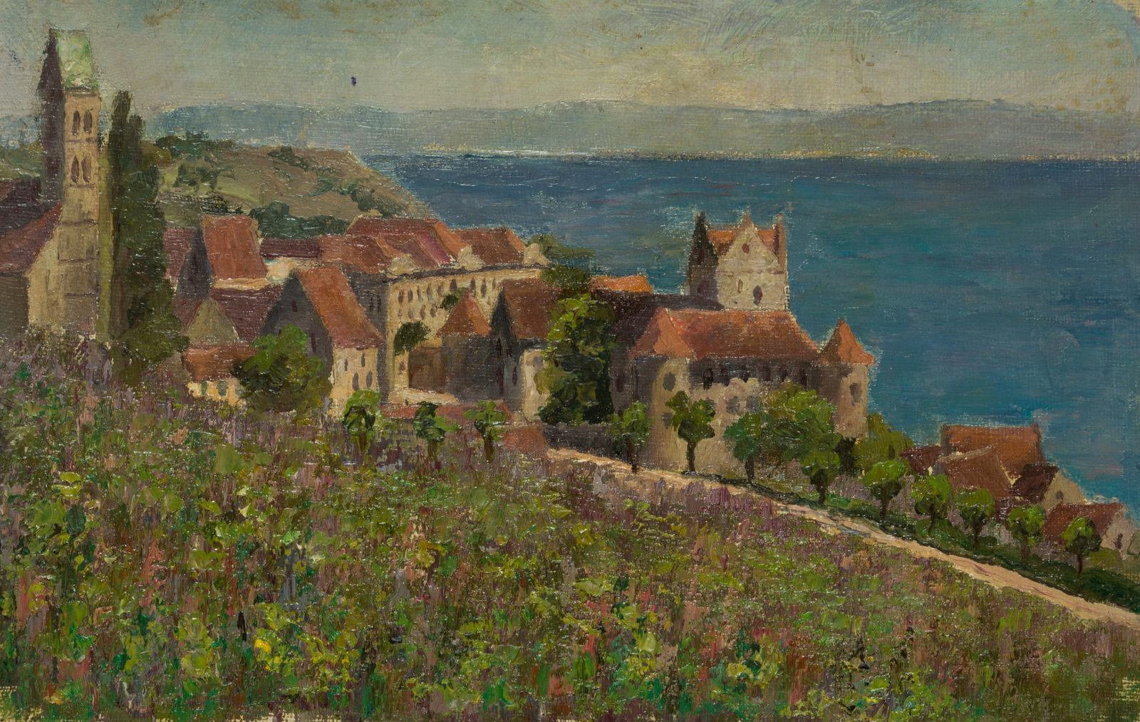 O. BURGER (1892-1968), vista desde viñedos a Meersburg, hacia 1920, aceite