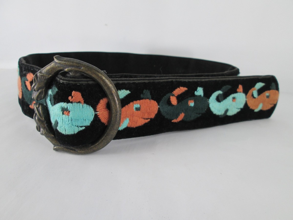VTG Velvet Embroidered WHALE FISH Belt Size 40/ L Boho Bohemian Statement