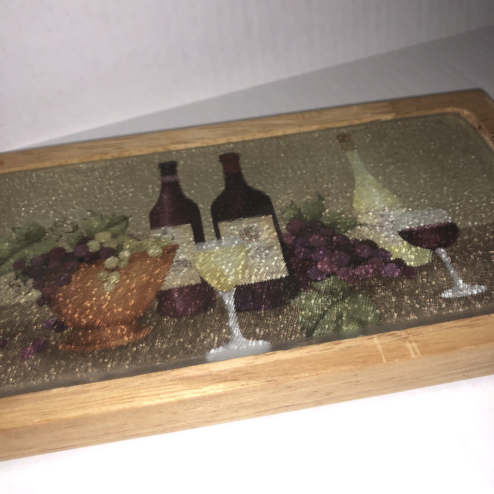 Cutting Board Wood Glass Decorative Wine With Leather Hanging Strap 16” x 5”-image