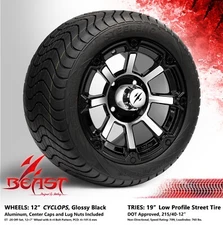4x GOLF CART 12" MACHINED 'CYCLOPS' WHEELS and 215/40-12 DOT LOW PROFILE TIRES
