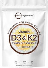 Vitamin D3 10000 Iu plus K2 MK-7 200 Mcg, 300 Virgin Coconut Oil Softgels ...