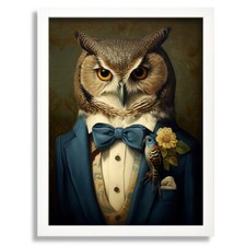 Vintage Owl In A Suit Print Cute Animal Wall Art Framed Picture Owl Artwork Gift