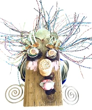 Edddy Sculpture 13" Reclaimed Wood Make-Up Face Folk Outsider Art Drag Jewelry
