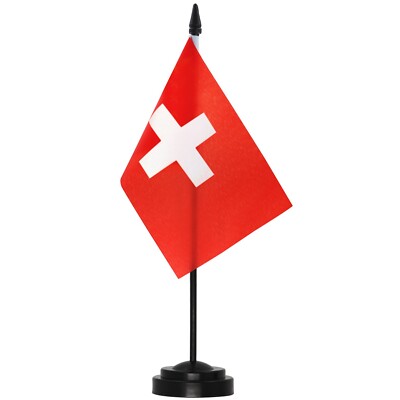 Anley Switzerland Deluxe Desk Flag Set - 6 x 4 Inch Miniature Swiss CH Flag