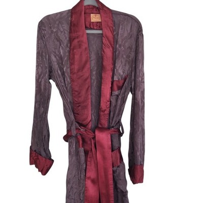Vintage 50s Pilgrim Smoking Jacket Kimono Robe Purple Red Satin Large