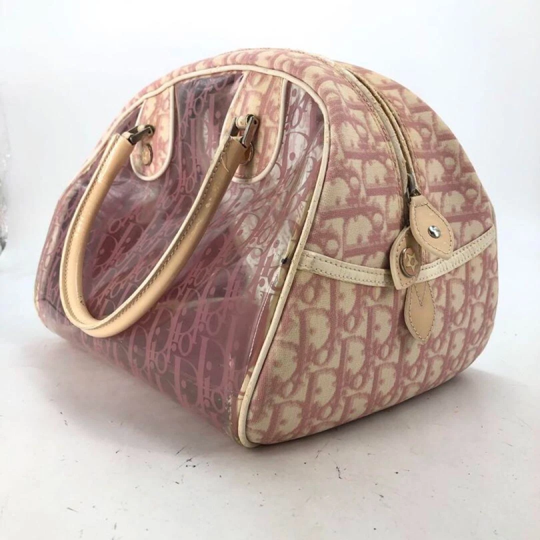 Dior Hand Mini Boston Bag Vinile Pool Trotter FS236 Rosa Bianco Buone Condizioni