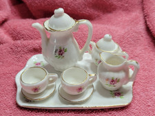 Miniature Porcelain Floral Tea Set White/Pink/Gold w/ Tray Vintage Some Chips
