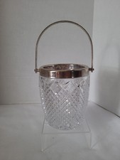 Vintage Ice Bucket with Silver Tone Trim Diamond Point Cut Glass
