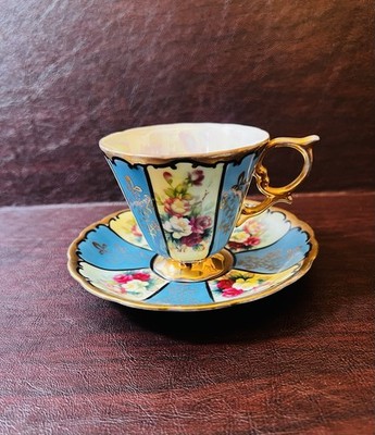 Vintage Royal Sealy Cabbage Rose Blue Gold Floral Paneled Teacup Saucer Japan 