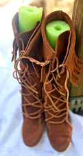 Minnetonka 1422 Leather Moccasins Tall Fringe Suede Boho Lace Up Boots Size 6