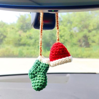 Handmade Hat and Stocking Rear View Mirror Accessories, Cute Crochet Decoration