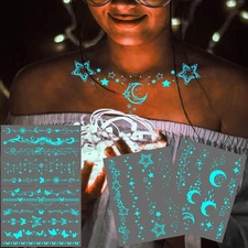 Blue Luminous Star Crescent Moon Temporary Tattoos For Women Large, 