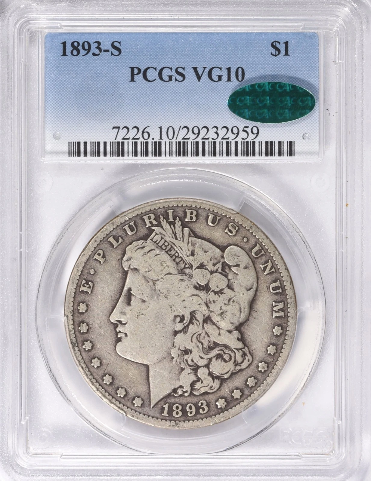 1893-s  Morgan Dollar PCGS VG-10 CAC (Green) approved
