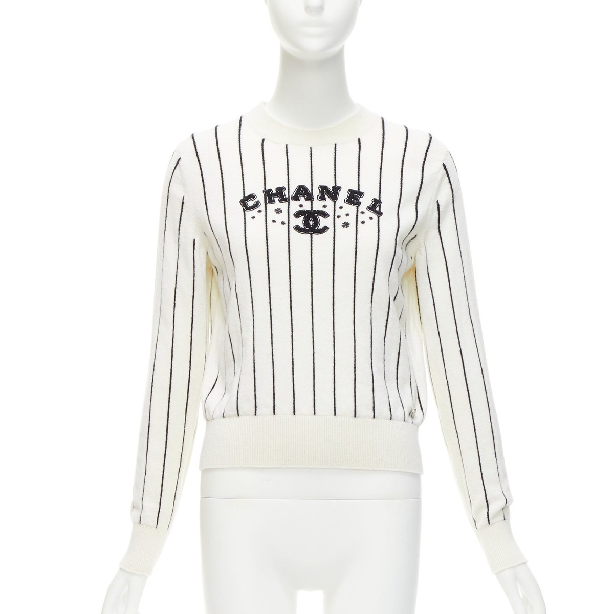CHANEL 2023 100% cashmere cream black striped logo varsity sweater CHANEL 2023 100% cashmere cream black striped logo varsity sweater