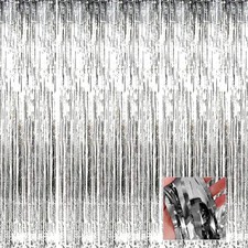 4 Pack Silver Foil Fringe Curtain Backdrop 3.28x6.56ft Metallic Tinsel
