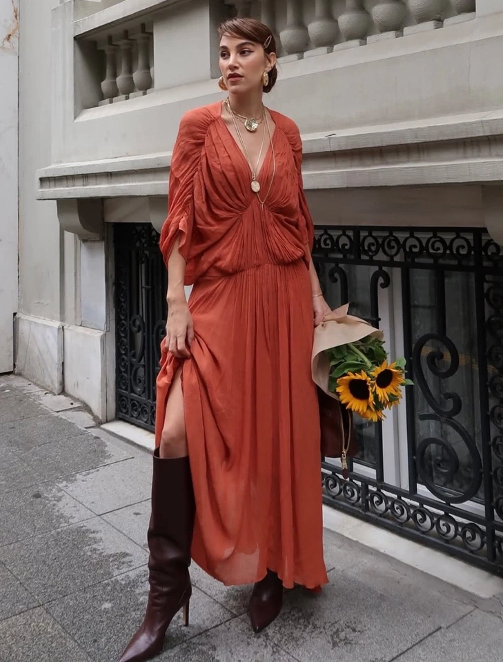 ZARA NUEVO VESTIDO MIDI VISCOSA NARANJA LADRILLO DRAPEADO ASIMÉTRICO TALLA M REF:2627/219 Foto 2 de 4