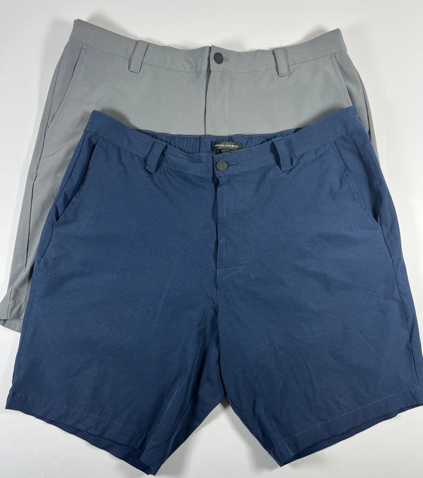 Banana Republic TWO Shorts 38 Navy Blue & Grey Hiking Golf Flat Front Wicking