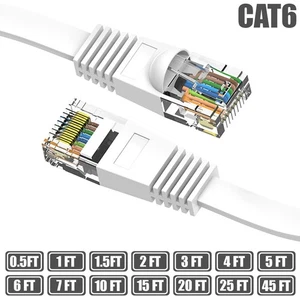 0.5-45FT Plat Cat6 RJ45 Réseau LAN Câble Ethernet en cuivre plat 32AWG blanc