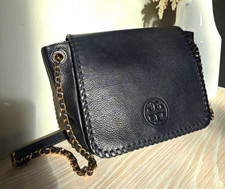 Tory Burch Black Shoulder Bag Whipstitch Logo Chain Strap Gold HW LIKE NE