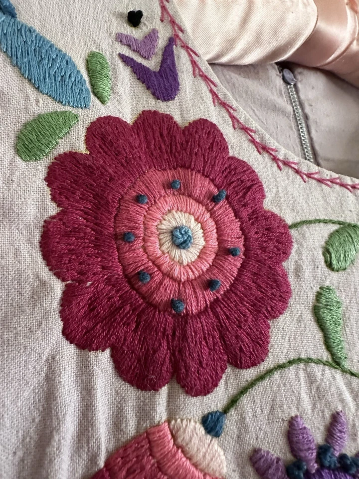 1960s Violet Mexican Huipil Dress Embroidered Tulip Floral Tunic Maxi Resort VTG - Image 2 of 4