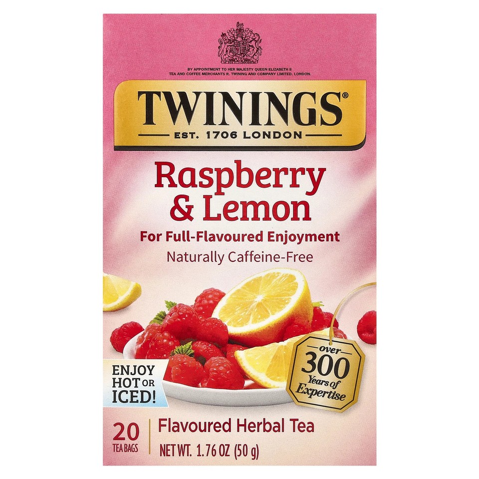 Flavored Herbal Tea, Raspberry & Lemon, Caffeine-Free, 20 Tea Bags, 1.76 oz (50