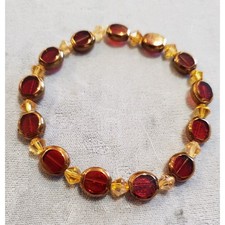 Beaded Stretch Bracelet Red Gold Tone Faceted Beads 8"