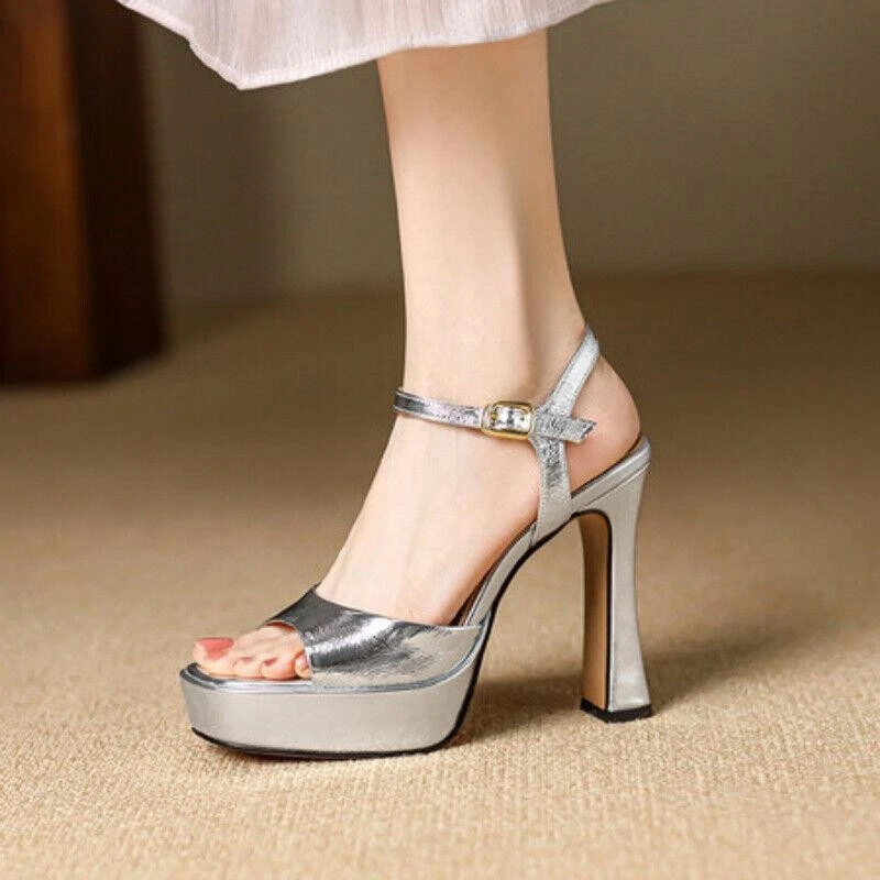 Sandalias de tacón alto con correa y hebilla de punta abierta para mujer Zapatos informales de vestir de fiesta Foto 2 de 4