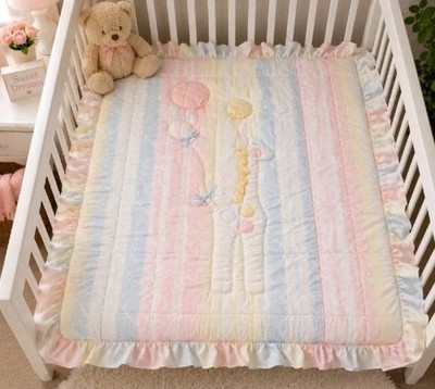 Vintage Glenna Jean Handmade Quilted Crib Quilt Giraffe Appliqued Ruffled Pastel
