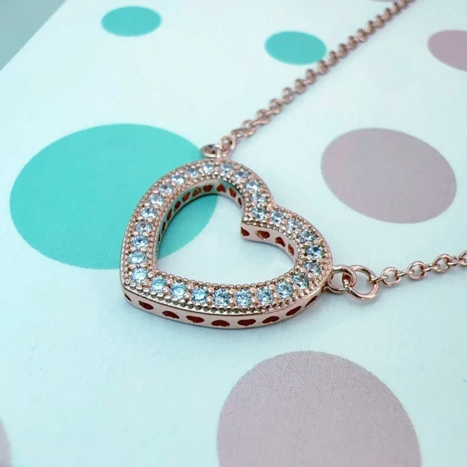 Elegante Collar Colgante Corazón Pavé Chapado en Oro Rosa 45+5cm Nuevo Sin Caja Foto 3 de 4